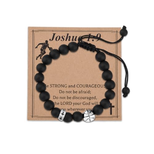 Inspirational Basketball Gifts Boys Cross Bead Bracelet for Men Boys Son Grandson Birthday Gifts for Basketball Lovers Player Adjustable Natural Stone Basket Ball Sport Bracelet