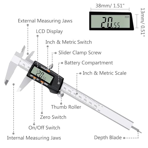 Whixant Electronic Digital Calipers, inch and Millimeter Conversion, LCD Screen display 0-6" Caliper Measuring Tool, Automatic Shutdown, Suitable for DIY/Jewelry Measurement - Image 2 thumbnail