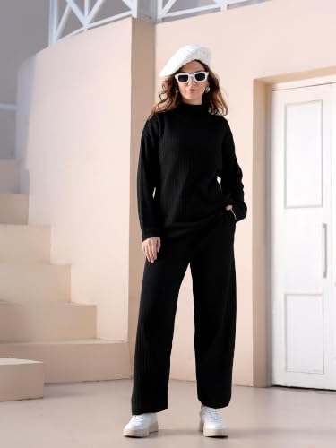 Image of Kvetoo Women Winter Coord Set Wool Blend High Neck Sweater and Wide Leg Pants Warm Tracksuit Pajama Set Two Piece Knitwear Travel Wear for Lounge Casual Office
