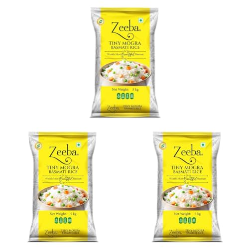 Image of Zeeba Tiny Mogra Basmati Rice 5 Kg, Small Grains with Great Taste, Gut-friendly Rice (Cooked length upto 10mm*) (Pack of 3)