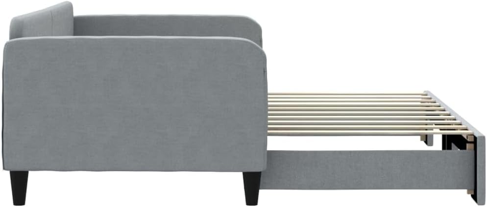 Light Grey Daybed with Trundle, Polyester Fabric, Wood and Metal Frame, Sturdy Platform Foundation, Slatted Mattress Support, Easy Assembly