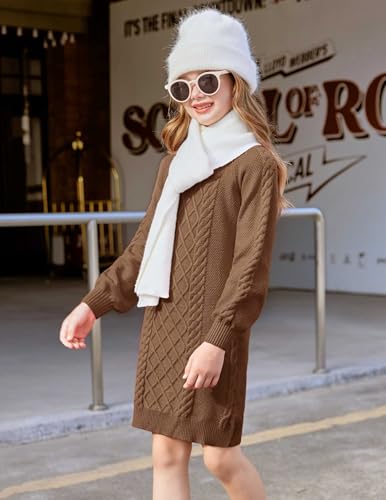 Arshiner Girl's Sweater Dress Puff Long Sleeve Casual Cable Knit Pullover Fall Dresses for 6-12 Years3