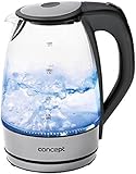 CONCEPT Hausgeräte rk4030 Glas Wasserkocher, LED-Beleuchtung, Anti-Kalk-Filter, 1,7 L, 2200 W, mattierter edelstahl / glas