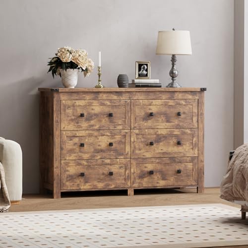 Image of Wodeer 6 Drawer Dresser for Bedroom, Brown Modern Dressers & Chests of Drawers with Metal Handles, Closet Storage Dresser, Storage Cabinet and Organizer with Drawers