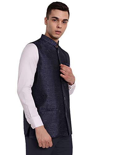 Image of SKAVIJ Mens Embellished Ethnic Wear Nehru Jacket Floral Printed Formal Waistcoat Regular Fit (X-Large,Blue)
