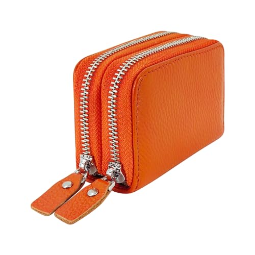 Women's Leather Multi Compartment Credit Card Wallet, Zip Accordion Wallet, RFID Blocking (Orange)