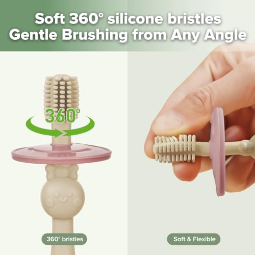 Image of haakaa 360 Baby Toothbrush with Suction Base - Beige + Blush