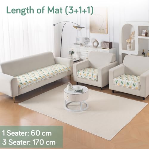 Image of HOKIPO Tulip Blossom Quilted Sofa Cover 5 Seater Set - Washable 3+1+1 Sofa Cover Mat with Tassel Design | 'Tassel Twigs' Series (IN-985-T4 + IN-982-T4*2)