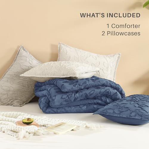 Image of Litanika Queen Size Comforter Set Ocean Blue, 3 Piece Cream Boho Tufted Bedding, Fluffy Farmhouse Bed Set for All Season with 2 Leaf Pattern Pillowcases(90x90In)