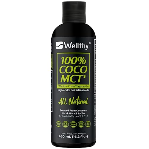 Aceites, Wellthy MCT Oil 480ml, 32 Porciones, Ácido Caprílico 100% Puro y Natural de Coco, KETO y Paleo Safe, Energía y Concentración, 0g de Azúcar, Gluten Free,...