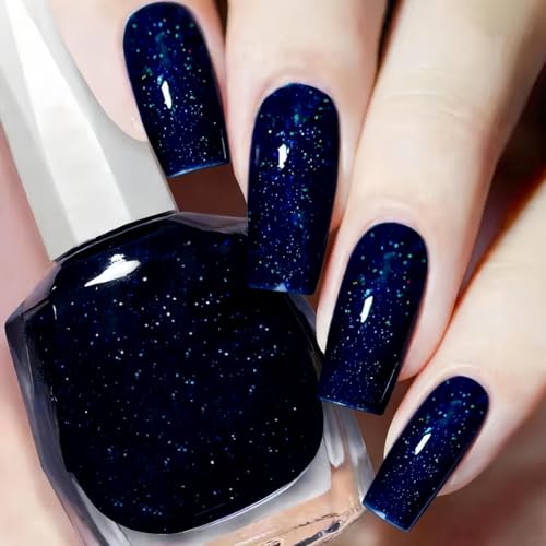 Glitter Navy Blue Nail Polish, Dazzle Dry Nail Polish, Glow in the Dark Nail Polishs, Dark Blue Diamond Glitter Varnish, Quick Dry & No UV Lamp, Long Lasting Chip Resistant, Salon & DIY Home Manicure