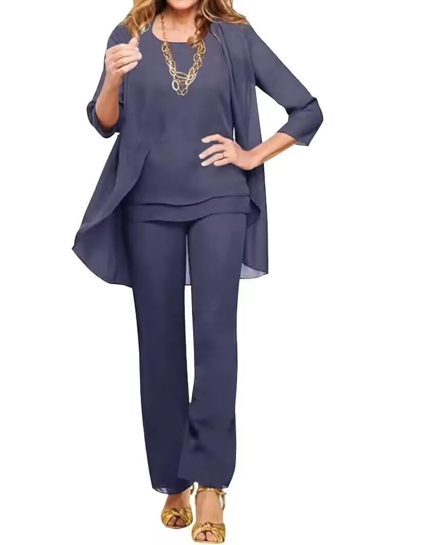 Chiffon Mother of The Bride Pant Suits Petite 3 Pieces Formal Outfit Sets for Women Evening Party