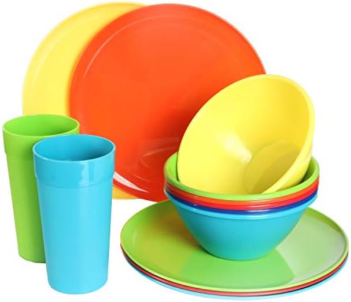 Youngever 18 Piece Re-usable Plastic Kitchen Dinnerware Set, Plates, Dishes, Bowls, Cups, Service for 6 in Assorted Colors (Mint)