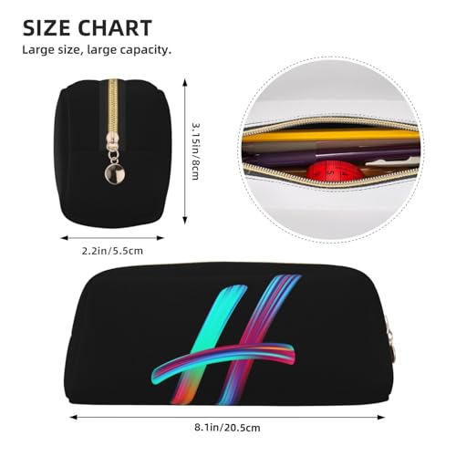 Image of Cute Initial Pencil Case for Kids Simple Leather Pencil Pouch for Boys Girls Letter Design Pencil Box Pen Bag Pencil Pouch Office Stationery Organizer, Rainbow Letter H