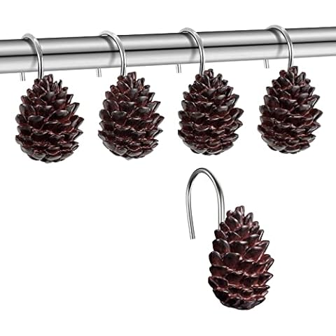 EleCharm 12-Pack Resin Pinecone Decorative Shower Curtain Hooks Steel Sliding Bathroom Curtain Rings Pendant Hooks (S Pinecone A) Cover