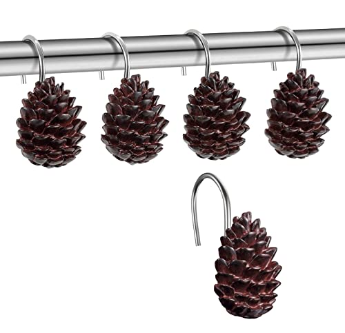 EleCharm 12-Pack Resin Pinecone Decorative Shower Curtain Hooks Steel Sliding Bathroom Curtain Rings Pendant Hooks (S Pinecone A)