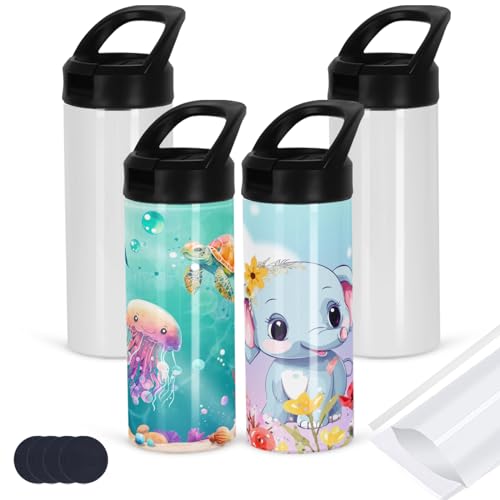 4 Pack Kid Sublimation Sports Water Bottle Blanks, 15 Oz Sublimation Tumblers Bulk Leak Proof Stainless Steel Bottles Flask with Portable Handle, Individually Boxed