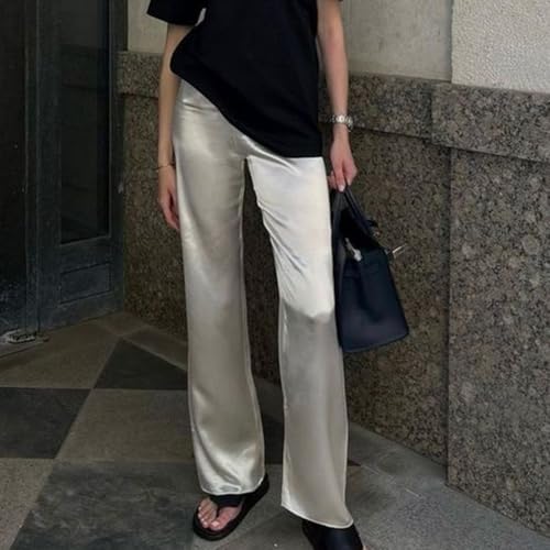 SOLILOQUY Women Y2K Satin Wide Leg Pants Casual Elastic High Waist Solid Loose Fit Lounge Pants Office Ladies Work Trousers3