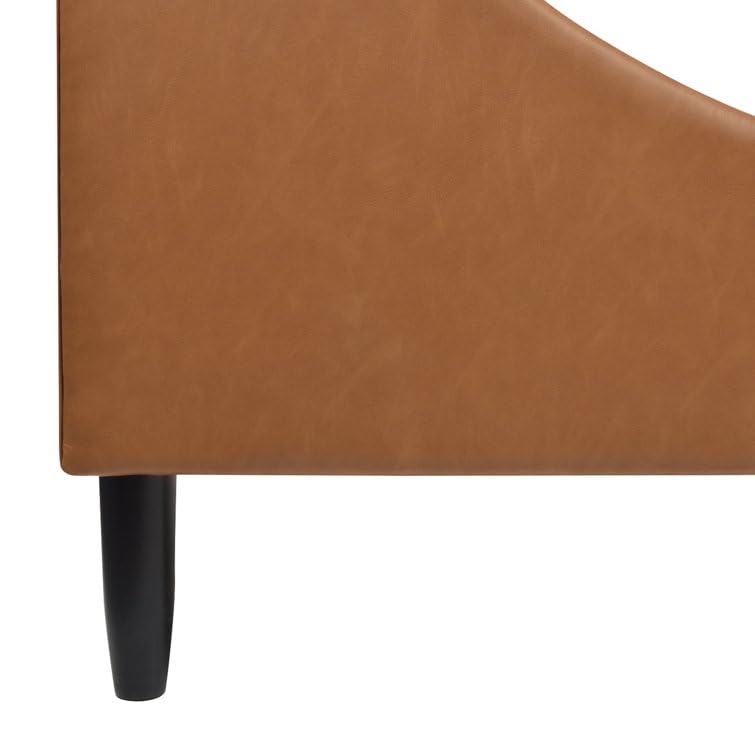 Image of HITHOS Solid Wood Modern Upholstered King Size Bed with Wingback Headboard | Wooden Double Bed Cot Palang Without Storage (Caramel Tan Brown) 1 Year Warranty