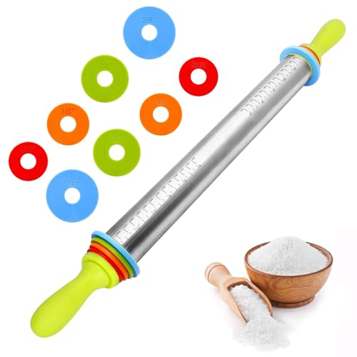 FuYelng Rouleau à Patisserie Antiadhésif Ajustable en Acier Inoxydable, 61 × 6,5 cm Rouleau Pâtisserie avec Anneaux Amovibles Anneau en Silicone Réglable,...