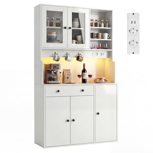 Küchenschrank Hochschrank mit LED, Buffetschrank mit Steckdosen & USB-Anschlüsse, Hochschrank hoch mit verstellbaren Regalen, Sideboard Aufbewahrungsschrank für Küche (100 x 40 x 180 cm, Weiß)