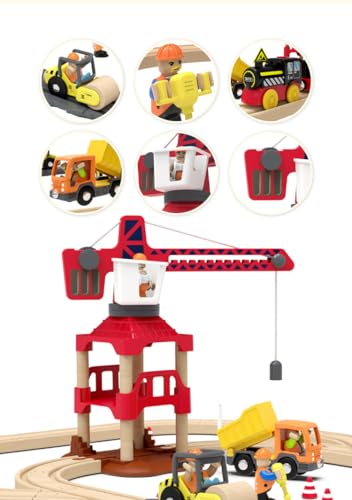 Mykafort Crossing & Crane Train Set 58 Pieces Construction Site Wooden Train Track Gift Packed Toy Railway Kits for Kids Toddler Boys and Girls Compatible with All Major Brands (Battery not Included) - Thumbnail 3