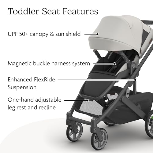 Image of UPPAbaby Cruz V3 Stroller - from Birth + Car Seat Compatible - Full-Size, Reversible Seat - Infant Insert, Bug and Rain Shields Included - Savannah (Pearl Gray Jacquard /Carbon Frame /Chestnut Leather)