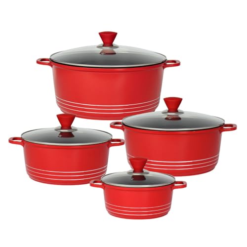 Bargain Shack Die Cast Stockpot Set - Aluminium 4Pcs Non Stick Coating Cooking Pot -Induction Stock Pot with Tempered Glass Lid with Steam Vent (20-24- 28-32 cm) (4 Pcs, Red)