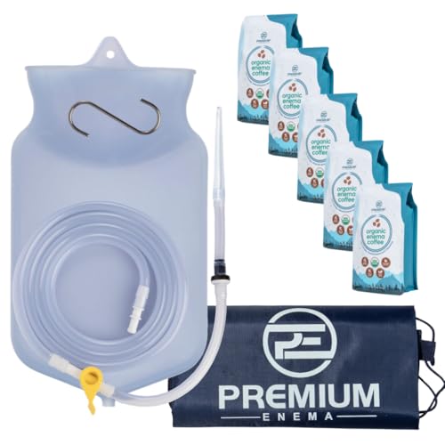 PE Premium Enema Clear Silicone Bag Kit with 5 x 1lb Organic Enema Coffee. Suitable for Coffee and Water Colon Cleansing. 2 Quart Capacity, 6.75 Foot Long Hose, 7 Tips