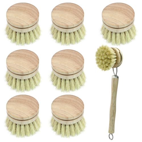 Image of 8Pcs Wooden Dish Brush Set, Sisal | 8Pcs Bamboo Scrub Brush Replacement Heads, 1 Handle, For Kitchen Pots and Pans Cleaning Supplies