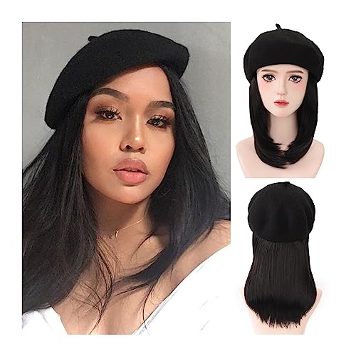 JUNXIAN Wig Cap Wig Ladies Hat Wig Short Straight Synthetic Wig Black Hair Extensions 16 Inches Straight Hair For Ladies Wig Hat(4)