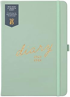 Busy B Mid Year 17 Month Diary August 2023 - December 2024 - Sage - Faux Leather Academic Diary with Week to View Planner with Pen Holder, Elastic Closure and Storage Pockets