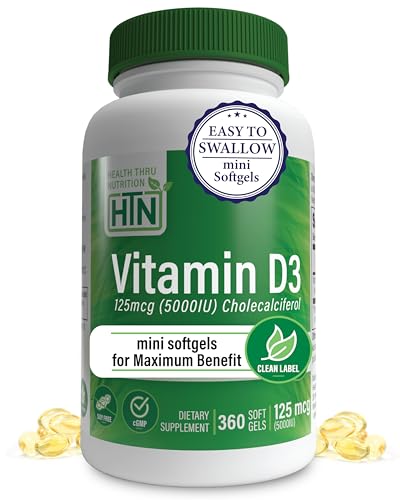 Health Thru Nutrition ビタミン D3 5000 Iu、Gmoなし、360 ミニ ソフトジェル、大豆なし、Uspグレード 天然 ビタミンDのサムネイル