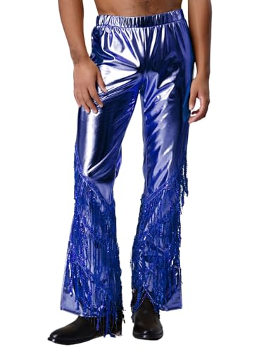 Mufeng Mens 70s Disco Metallic Shiny Long Pants Slit Bell Bottom Tiered Sequined Tassel Trousers for Raves