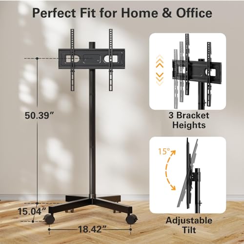 Image of Perlegear Rolling TV Stand for 23-60 Inch LCD LED OLED 4K Smart TVs Holds up to 88lbs, Mobile TV Stand with Height Adjustable, Tilting TV Cart with Locking Wheels Max VESA 400x400mm, PGTVMC16