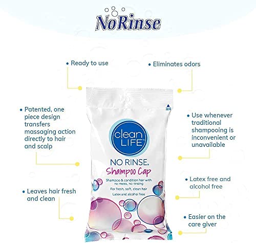 No-Rinse Shampoo Cap by Cleanlife Products, Shampoo and Condition Hair with no Water or Rinsing - Microwaveable, Rinse-Free, Latex-Free and Alcohol-Free