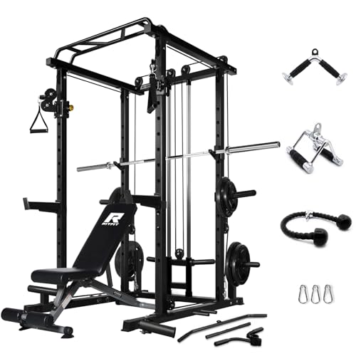 Image of RitFit Squat Rack Power Cage Home Gym Package, Includes 1000LBS Power Rack with Cable Crossover System, Weight Bench, Weight Plate Set with Olympic Barbell (Package 1.5K (Rubber Plate 230LBS))-Black