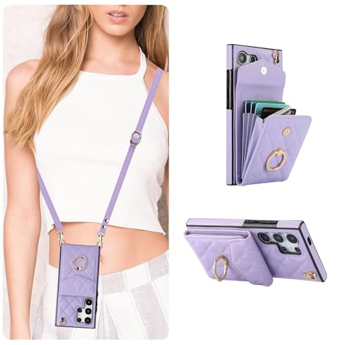 Coque Samsung S25 Ultra en cuir microfibre élégant violet avec collier réglable