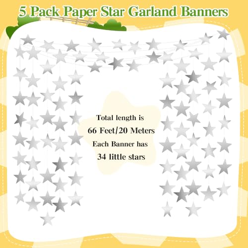 Image of Silver Star Garland Banner, 5 PCS 66 Feet Double Side Star Hanging Bunting Banner Backdrop for Birthday Wedding Christmas Graduation Party Decorations