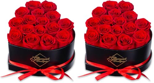 Image of GLAMOUR BOUTIQUE 16 Flower Forever Heart Shape Box, for Mom, Eternal Preserved Roses Gifts for Her, Flowers Bouquet, for Birthday, Anniversary, Girlfriend - Red (Pack of 2)