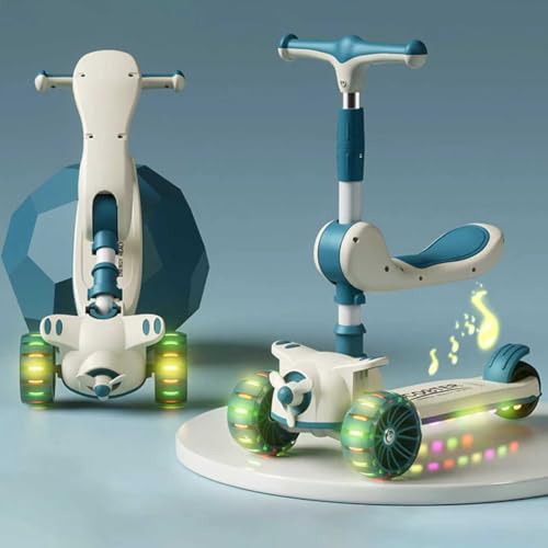 Sky Blue Childrens scooter 3 Wheeled Scooter for Kids Stand & Cruise Child Toddlers Toy Folding Kick Scooters Adjustable Height Anti-Slip Deck Flashing Wheel Lights for Boys Girls 2-12 Year Old