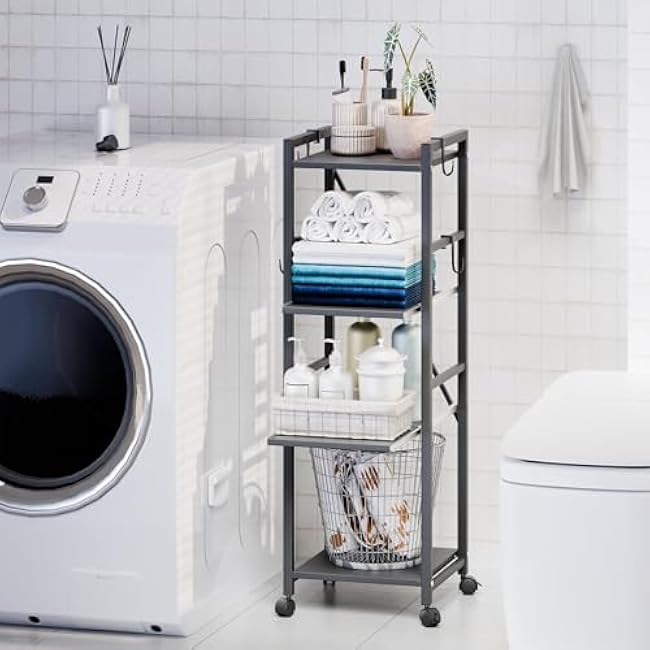 4 Tier Kitchen Rolling Cart, Microwave Stand with Drawers & Hooks, Coffee Bar Cart Baker's Rack, Small Appliance Storage Trolley with Wheels, Small Island for Kitchen Black-GwptgAOo