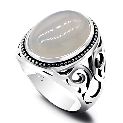 Solid 925 Sterling Silver Men's Rings White Onyx Stone Men's Punk Rings High Jewelry Turkish Style