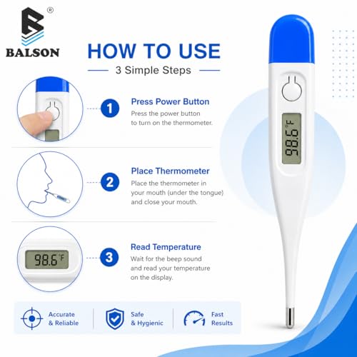 Image of BALSON Digital Thermometer for Adults & Kids - Fast & Accurate Oral Thermometer with Easy-to-Read LCD Display, Fever Alarm, Waterproof Tip & Auto Shut-Off