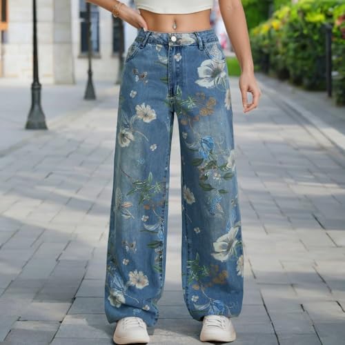 Wide Leg Jeans for Women Vintage Floral Printed Summer Casual Baggy Loose Denim Pants with Pockets3