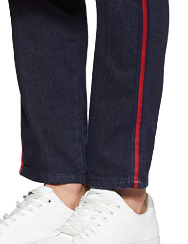 Image of CAHOOT Men's Classic Blue Dark-Washed Distressed Side Striped Regular Fit Denim Jeans | Mid-Rise Stretchable Cotton Denim Jeans Crafted with Comfort Fit & High Performance for Everyday Wear
