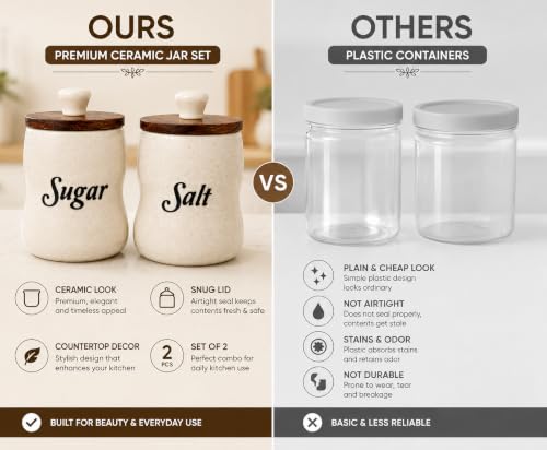Image of Ceramic Sugar Salt Jar Set of 2 for Kitchen Storage, Airtight Lid Canisters for Countertop Decor, Premium Ceramic Containers for Sugar, Salt, Spices, Dry Fruits & Daily Essentials