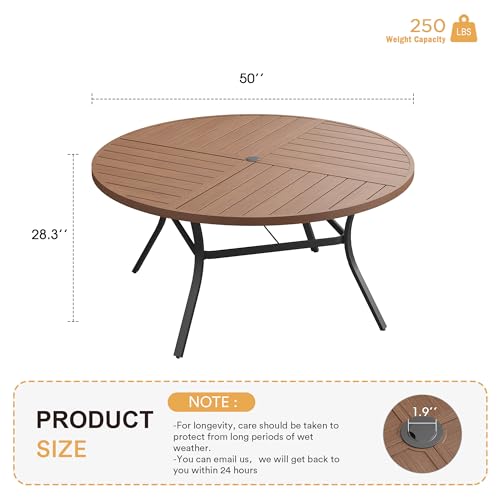 Image of VICLLAX Round Patio Table with Adjustable Umbrella Hole for 6, All Weather Metal Outdoor Dining Table for Lawn Garden, 50 inch Outdoor Coffee Table, Walnut Wood-Like Tabletop