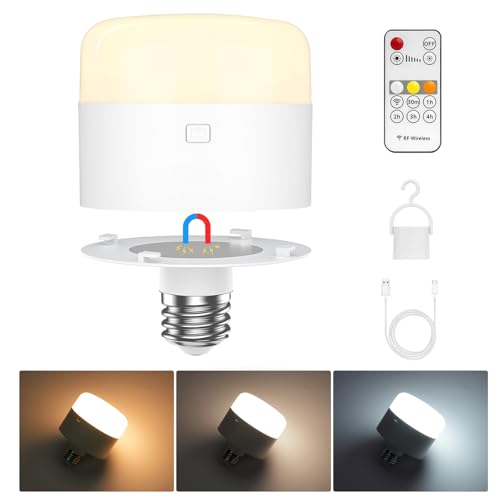 NookNova Rechargeable Light Bulbs with Remote, 10000mAh Battery Operated Light Detachable, 3CCT Battery Powered Dimmable Bulbs Wireless E26 USB Magnetic for Camping, Outdoor, Kitchen, Cabinet