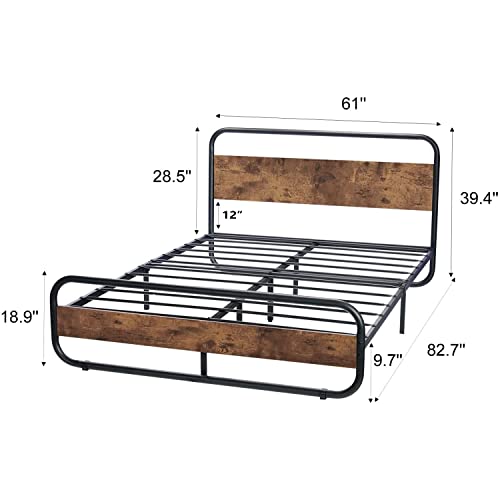 Queen Bed Frame With Headboard Led Bed Frame Queen Metal Platform Bed Frame Queen Size Heavy Duty Queen Wood Platform Bed Frame Under Bed Storage Noise Free No Box Spring Needed (Rustic Brown, Queen) #TOP1